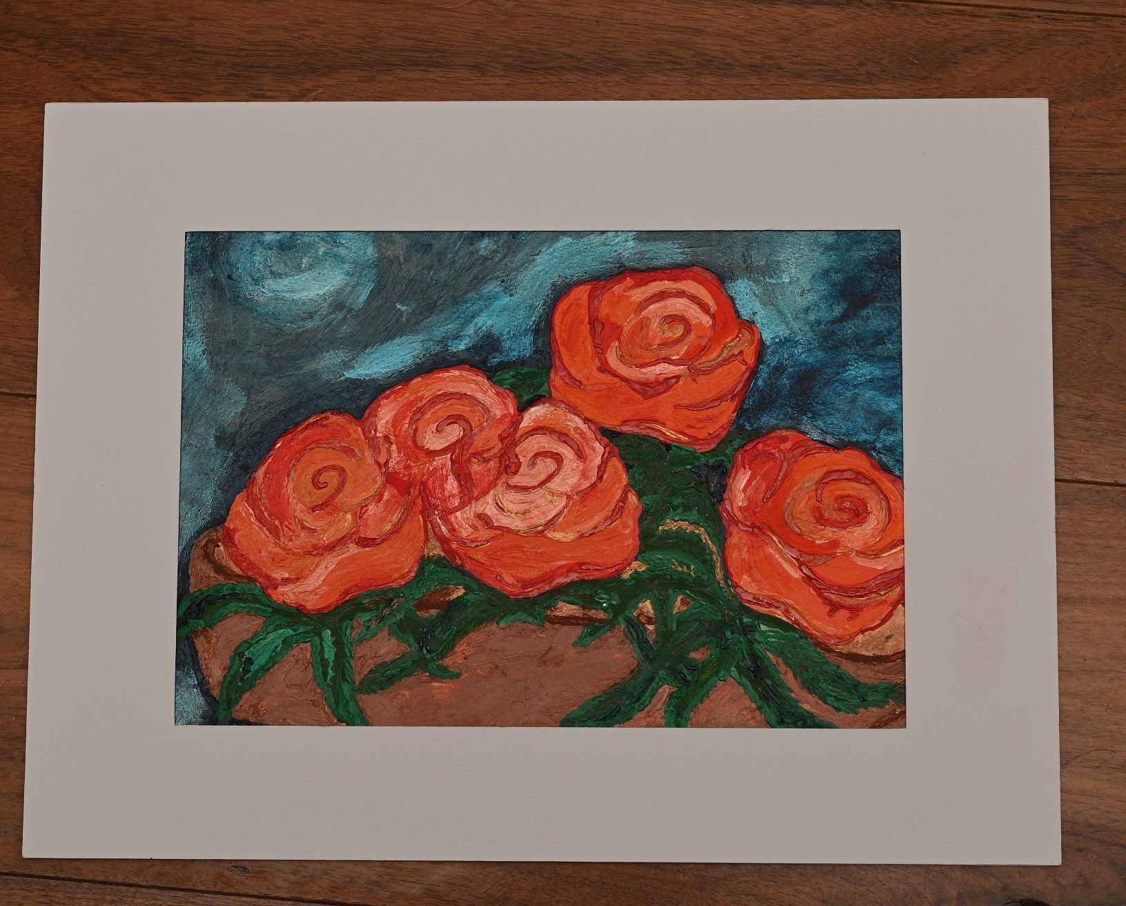 Orange Roses On Blue Giclée Paper Print Special Giclee