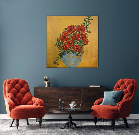 Bouquet Of Poppies A- Mixed Media Ready Bespoke Art Piece / 102X102Cm (40X40In)