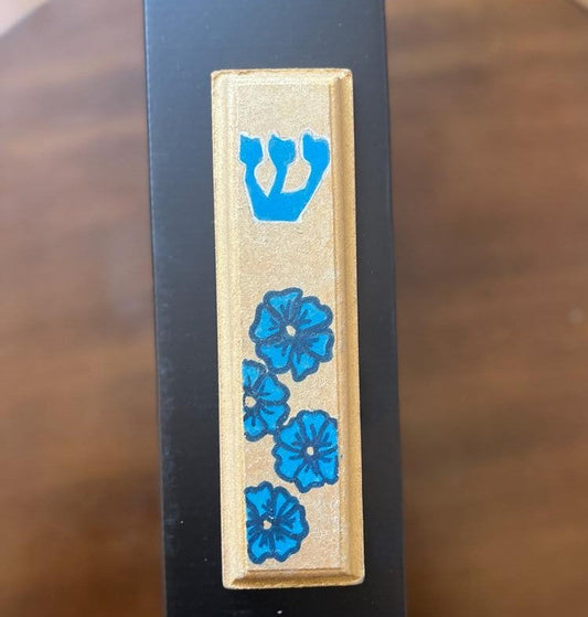Blue Flowers On Gold Hand Painted Mezuzah Case