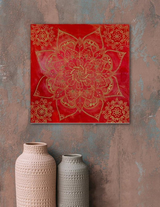 Classic Gold Mandala On Red Background A- Mixed Media Ready Bespoke Art Piece / 25X25Cm (10X10In)