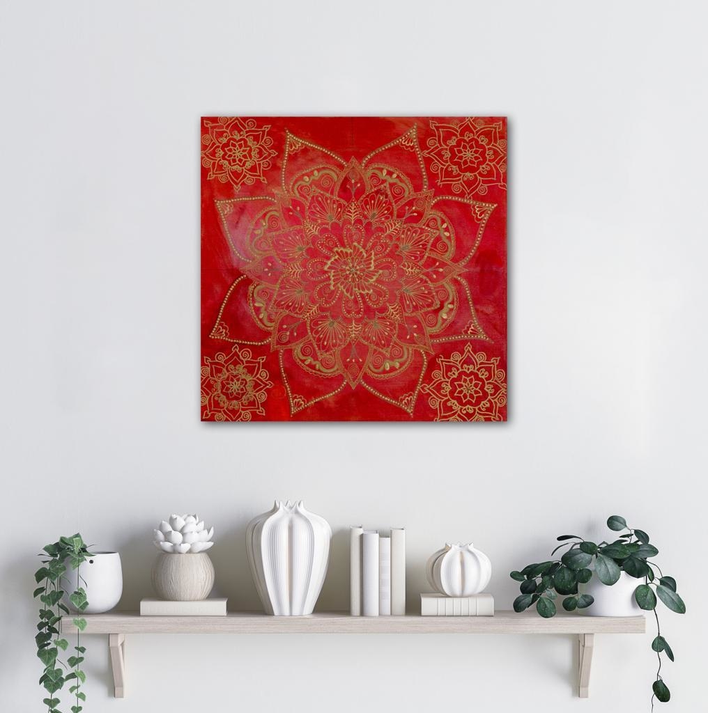 Classic Gold Mandala On Red Background A- Mixed Media Ready Bespoke Art Piece / 51X51Cm (20X20In)