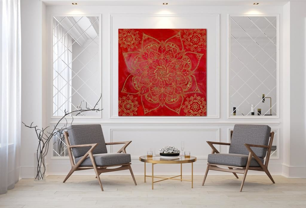 Classic Gold Mandala On Red Background A- Mixed Media Ready Bespoke Art Piece / 71X71Cm (28X28In)