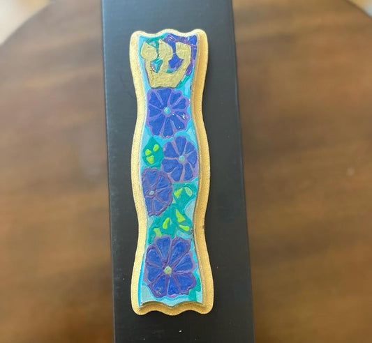 Blue Flowers Hand Painted Mezuzah Case