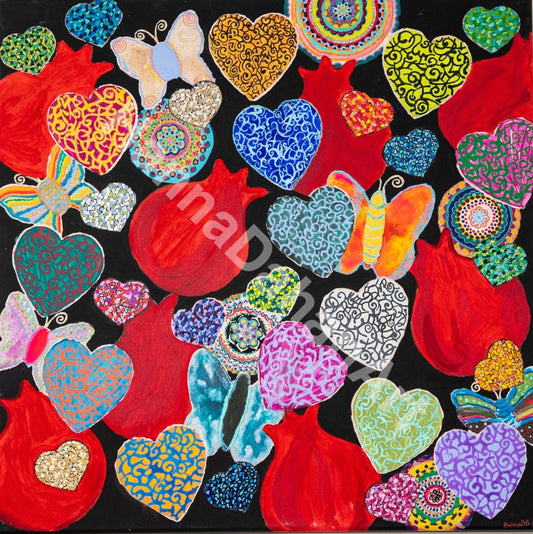Hearts & Pomegranates On Black Bespoke Art