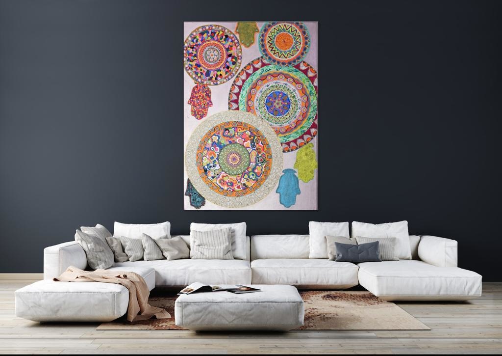 Mandalas And Hamsas On Metallic Lavender A- Mixed Media Ready Bespoke Art Piece / 100X140 Cm