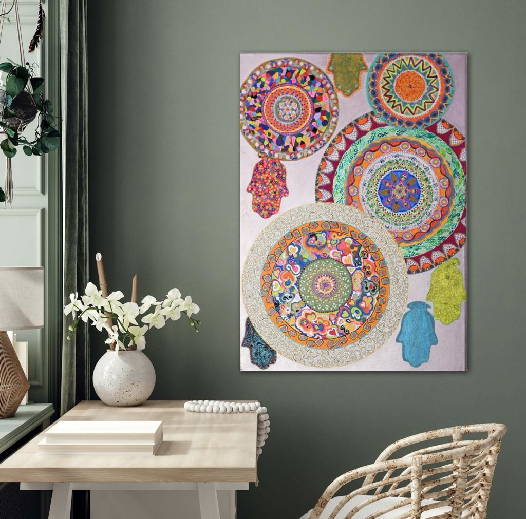 Mandalas And Hamsas On Metallic Lavender A- Mixed Media Ready Bespoke Art Piece / 70X98Cm