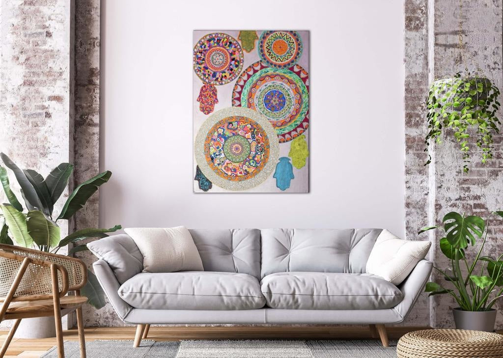 Mandalas And Hamsas On Metallic Lavender A- Mixed Media Ready Bespoke Art Piece / 80X112Cm (31X44In)