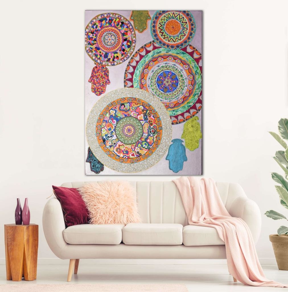 Mandalas And Hamsas On Metallic Lavender A- Mixed Media Ready Bespoke Art Piece / 90X126Cm (35X50In)