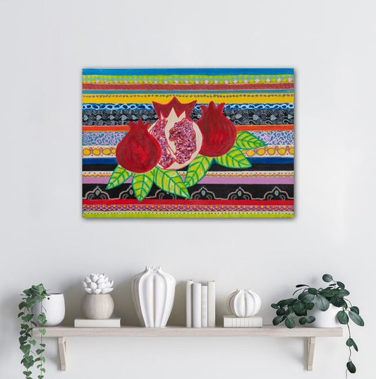 Pomegranates On A Striped Backdrop A- Mixed Media Ready Bespoke Art Piece / 20X28Cm (7X11In)
